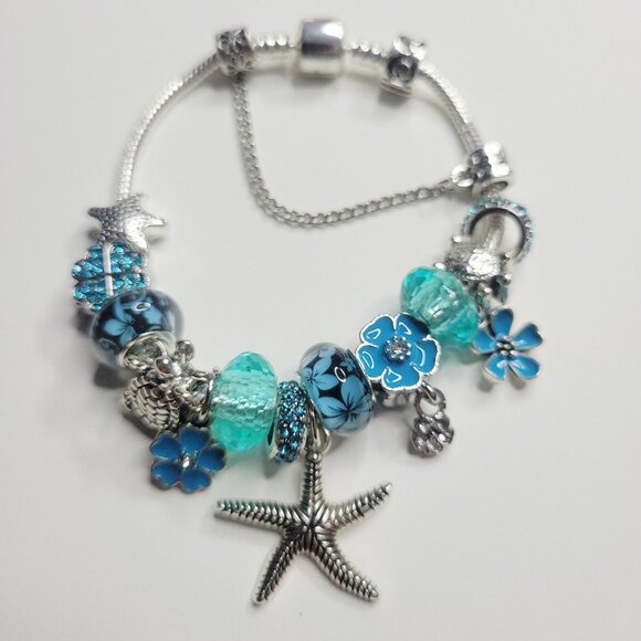 NWT Pandora Style Charm Bracelet Blue And Silver Ocean Drive Snap Close 6.5 Inch - Picture 1 of 6